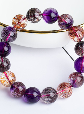 超七水晶手串三轮骨干黑加仑金草莓紫发晶水晶珠超7水晶手链