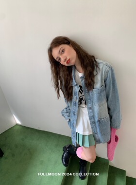 fullmoon满月 复古做旧洗水浅色牛仔衬衫外套女2024春季宽松口袋