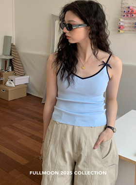 fullmoon满月 蓝色蝴蝶结针织吊带背心女2025夏季新款修身上衣