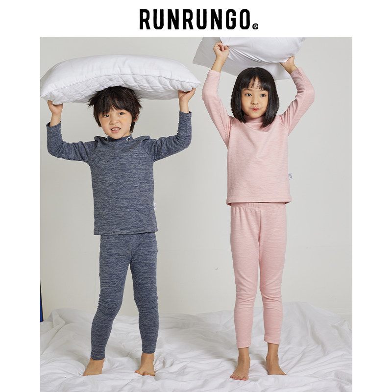 RUNRUNGO居家儿童半高领德绒套装加绒自发热冬季加厚保暖内衣套装