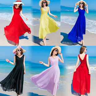 波西米亚露背大摆沙滩裙女V领气质修身 红色连衣裙泰国沙滩裙长裙
