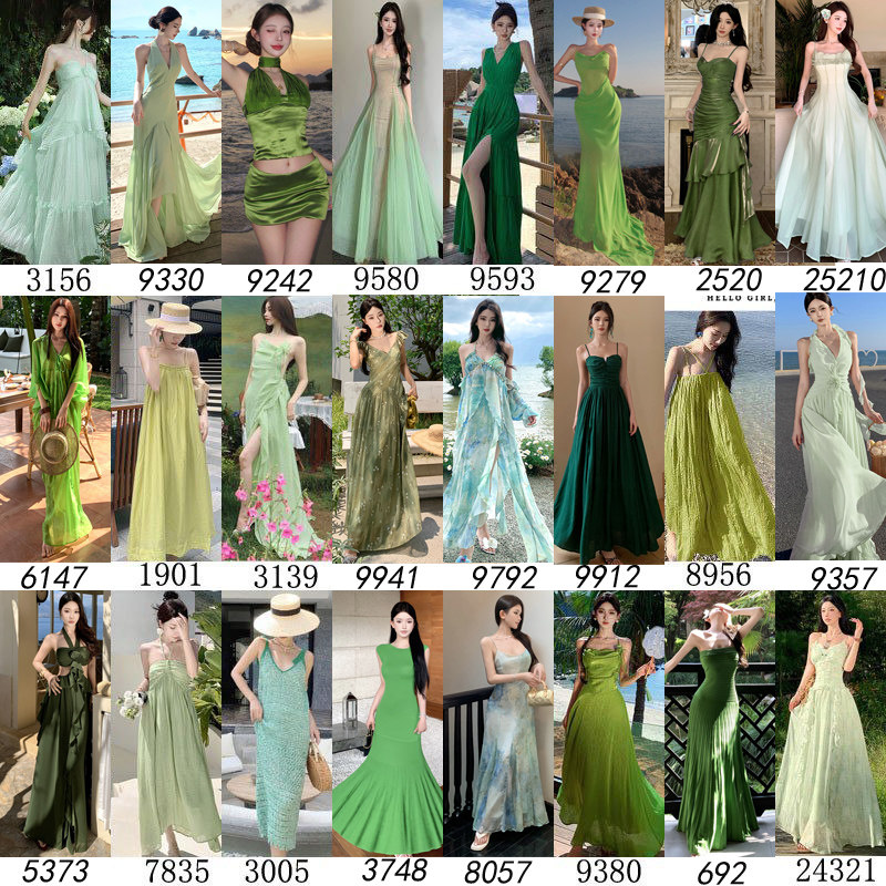 三亚旅游拍照高级感吊带连衣裙夏复古牛油果绿色海边度假沙滩长裙