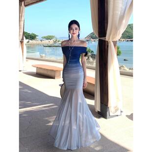 一字肩渐变色网纱连衣裙长款 包臀鱼尾裙海岛拍照绝美长裙海边度假