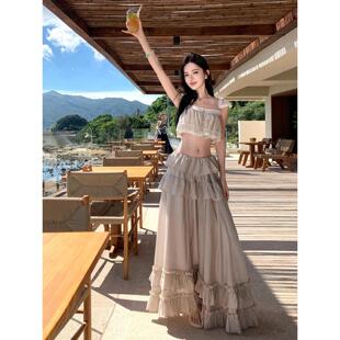 多巴胺海岛拍照绝美穿搭分体裙套装 海边度假风荷叶边半身裙两件套