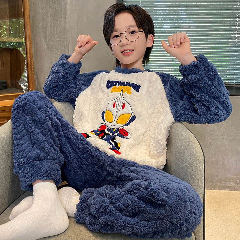 男童睡衣冬季珊瑚绒奥特曼儿童加厚加绒家居服秋冬款中大童亲子装