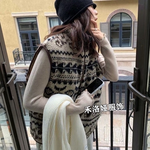 提花米粒绒马甲女2026新款费尔岛立领韩系外穿居家马甲男女同款