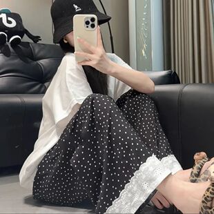 花边蕾丝女宽松裤 新款 夏季 子百搭人棉居家裤 蕾丝棉绸阔腿裤