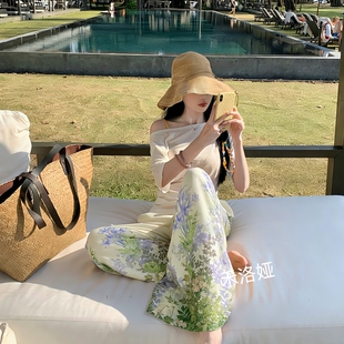 双口袋 女士夏季 显瘦高级休闲宽松人造棉直筒阔腿裤 棉绸裙裤