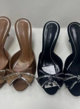 西班牙2024秋季新品TRF一字带水钻蝴蝶结女鞋黑色装饰高跟凉拖鞋