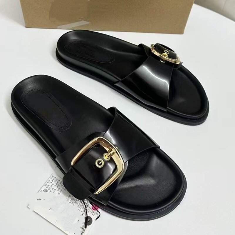 西班牙2025夏季新品休闲一字后空女拖鞋黑色带扣细节外穿平底凉鞋