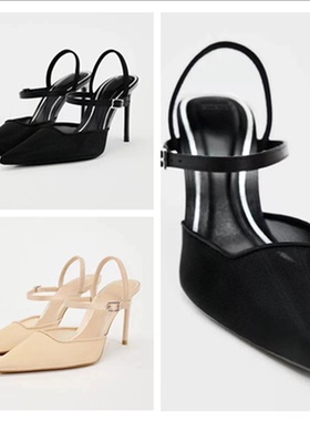 西班牙2024春季新品尖头浅口TRF单 鞋黑色网眼中空时尚露高跟凉鞋