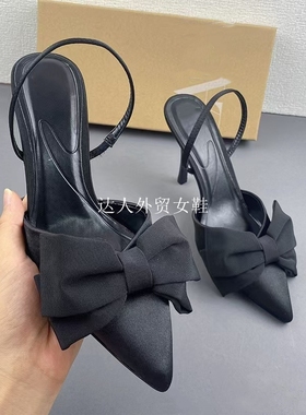 西班牙2023秋季新品 TRF包头浅口女鞋黑色蝴蝶结饰穆勒鞋高跟凉鞋