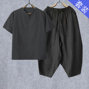 短袖九分裤套装夏季棉麻套装中国风一整套帅气唐装中式