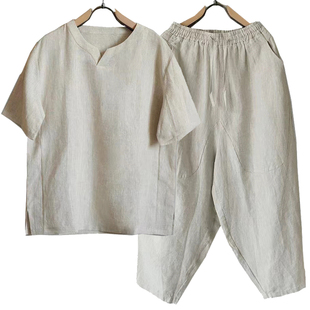 两件套男士夏季宽松加肥休闲薄款亚棉麻短袖九分裤套装一整套