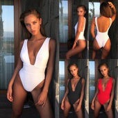 2019新款 跨境爆款 沙滩大深V连体泳装 纯色比基尼速卖通收腰bikini