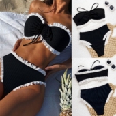 2025欧美性感比基尼抹胸高腰分体泳衣女士沙滩游泳衣度假黑白泳装