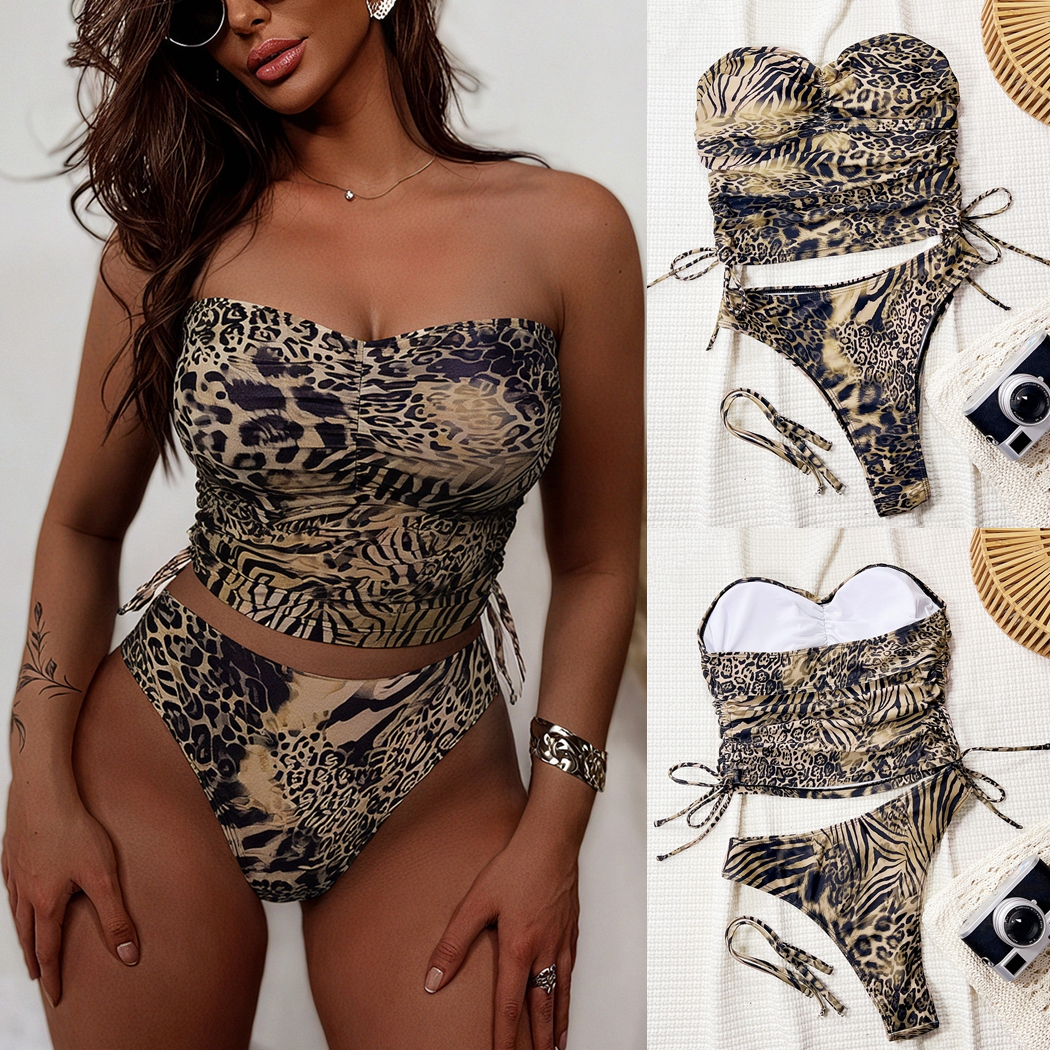 新款欧美纯色分体泳衣跨境豹纹拼色性感比基尼女士沙滩绑带游泳衣