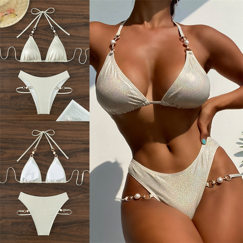 女士性感比基尼分体泳衣烫金挂脖