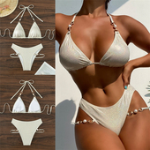2023新款 性感比基尼沙滩挂脖分体泳衣女士烫金三角包珍珠饰品泳装