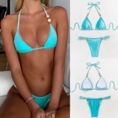 新款 欧美比基尼纯色性感系带分体泳衣烫金游泳衣女士沙滩挂脖泳装