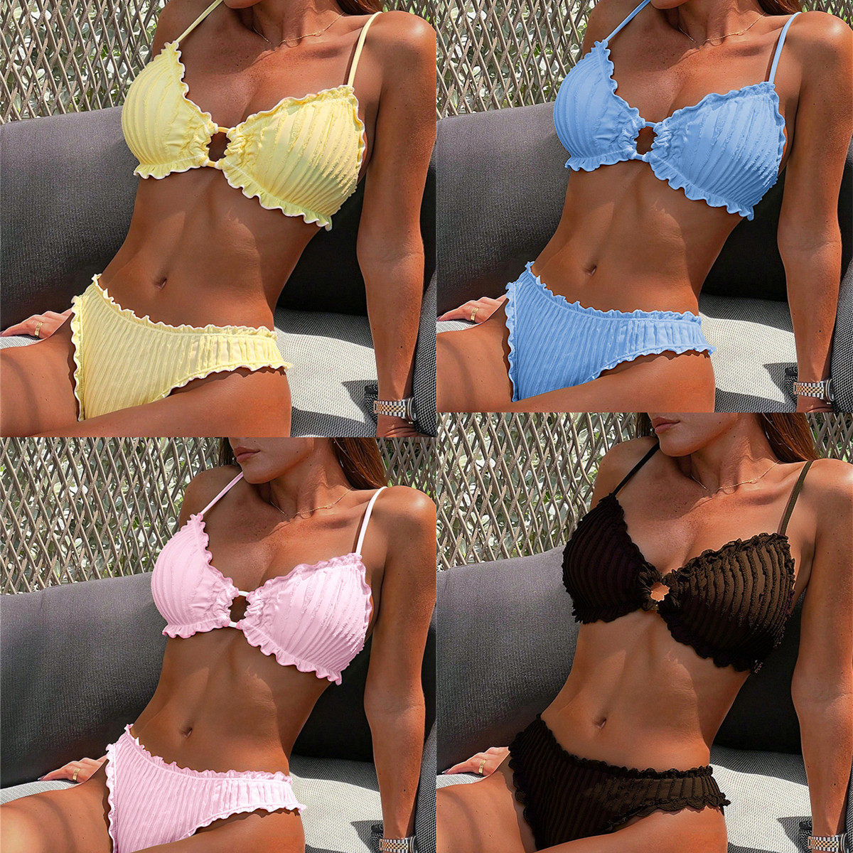 欧美时尚经典简约花边比基尼夏季气质泳衣套装女士沙滩纯色游泳衣