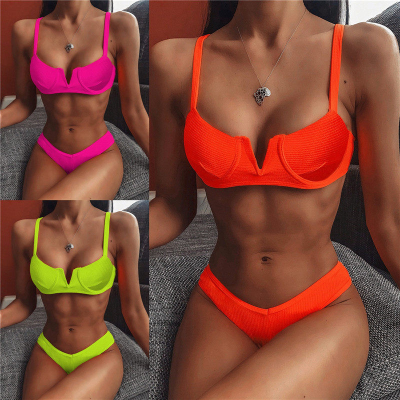 2019新款比基尼速卖通欧美v领钢托分体泳衣外贸女士性感聚拢泳装