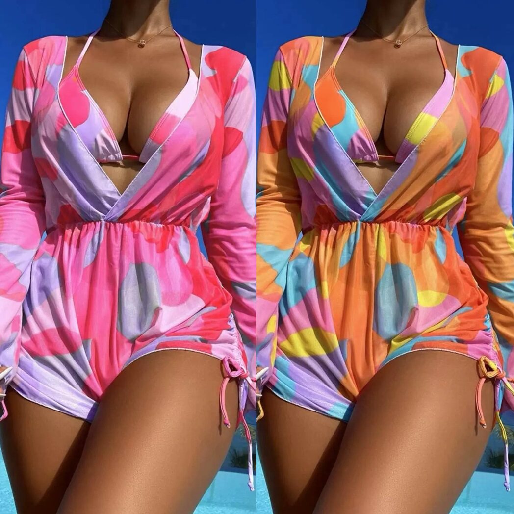 欧美新款性感三件套比基尼女士印花三角包网纱分体泳衣沙滩游泳衣