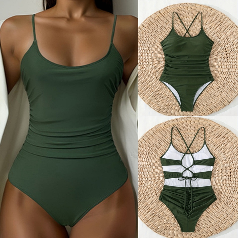 新款欧美吊带连体泳衣度假保守遮肚比基尼女士温泉沙滩一体式泳装