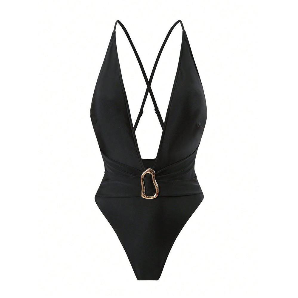 2025新款跨境欧美时尚连体泳衣纯色V领性感比基尼女沙滩温泉泳装