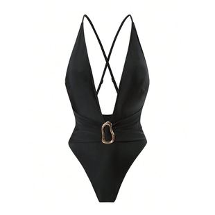 2025新款跨境欧美时尚连体泳衣纯色V领性感比基尼女沙滩温泉泳装