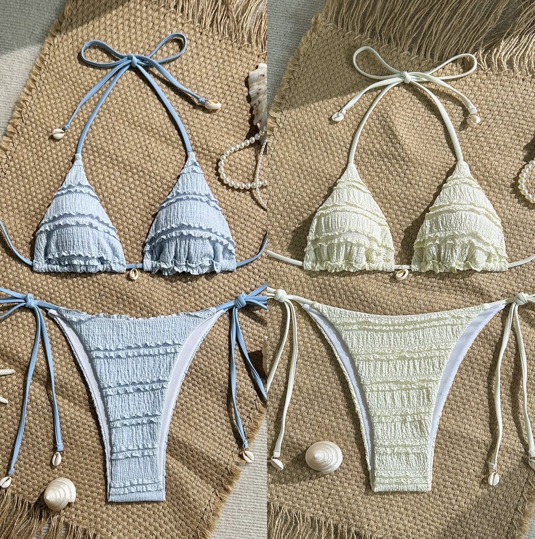 2026欧美新款纯色三点式比基尼沙滩挂脖分体泳衣温泉度假游泳衣女