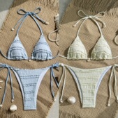 2026欧美新款 比基尼沙滩挂脖分体泳衣温泉度假游泳衣女 纯色三点式