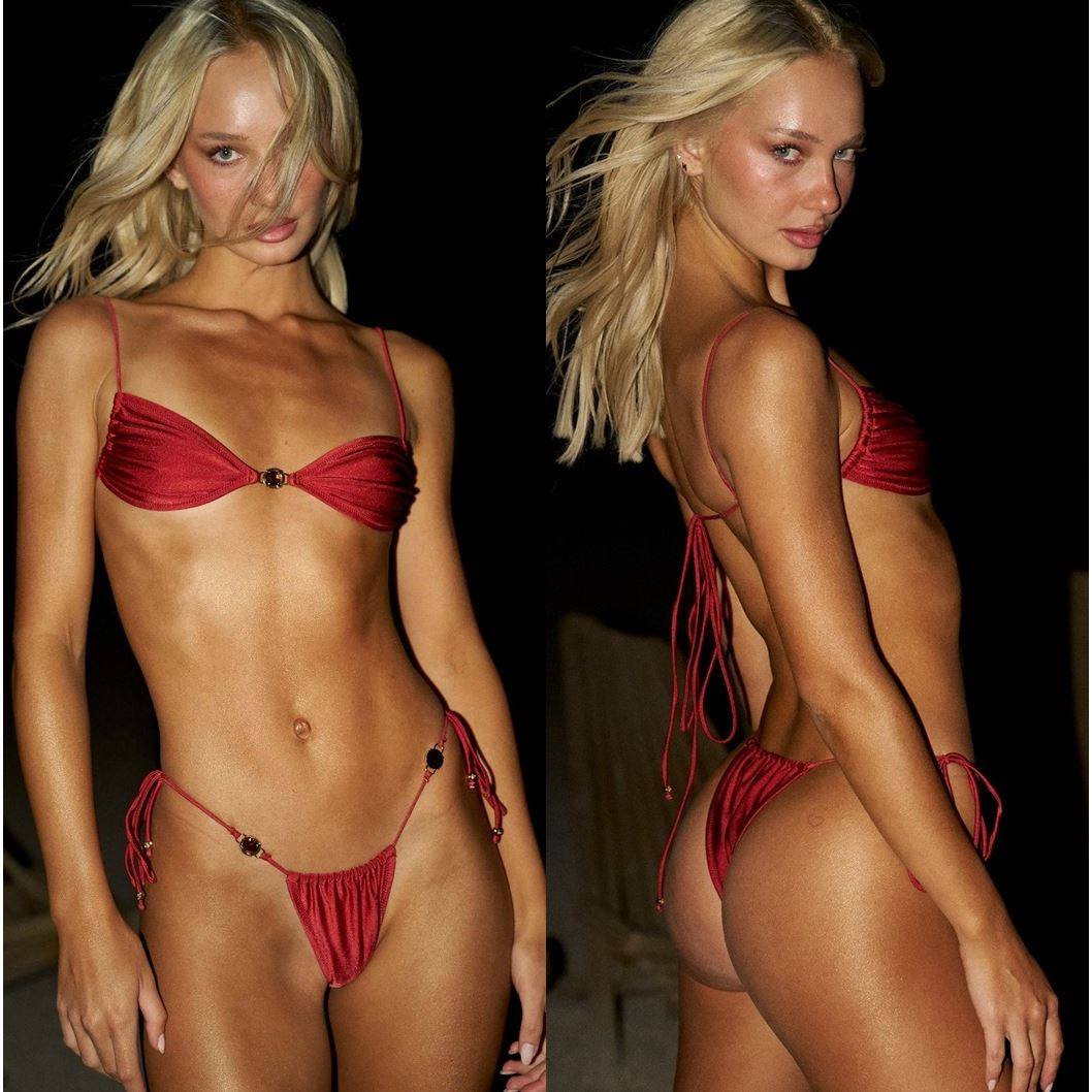 2025欧美性感露背绑带比基尼女士新款纯色带钻分体泳衣度假游泳衣