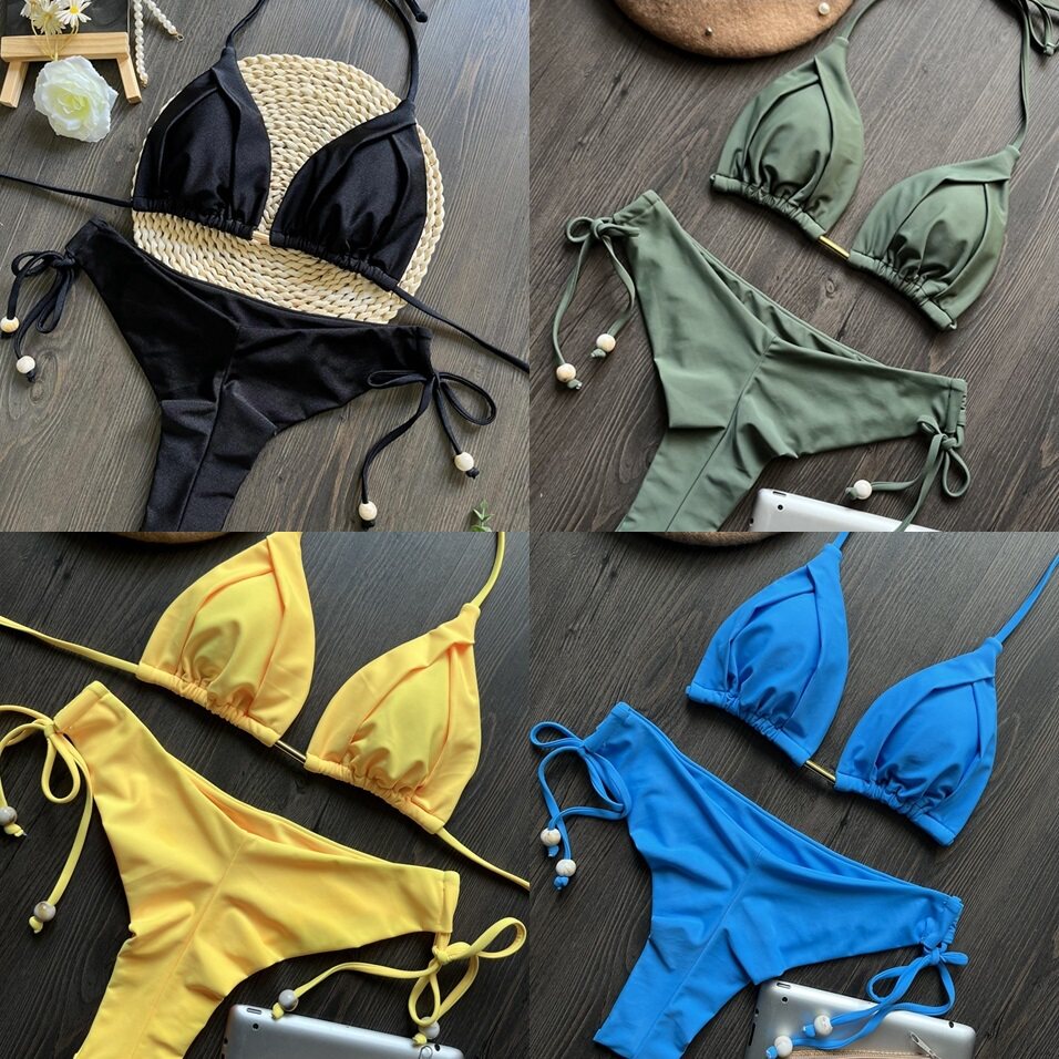 欧美新款比基尼度假纯色分体泳衣沙滩绑带性感泳装女士温泉游泳衣