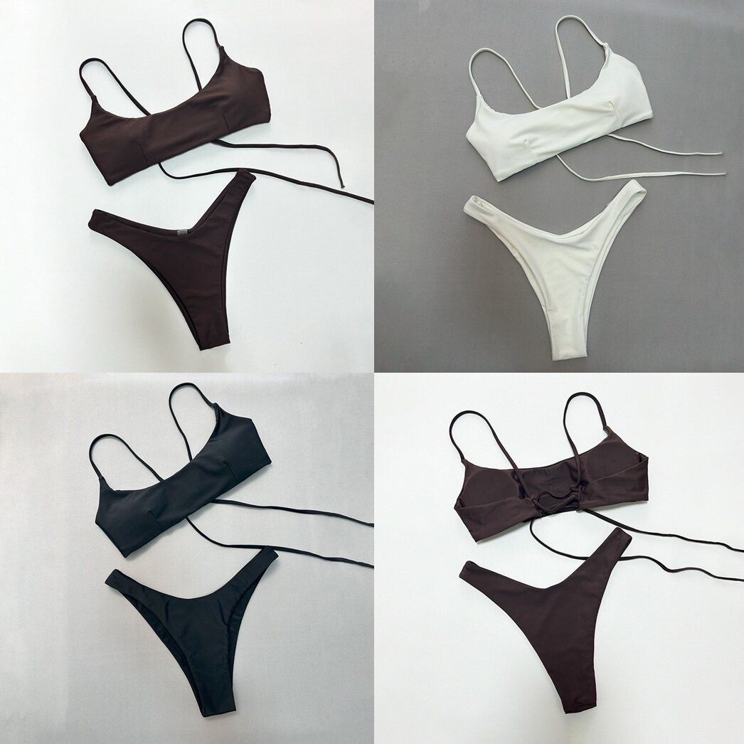 2025新款欧美性感比基尼跨境辣妹纯色分体泳衣女士泳装沙滩游泳衣