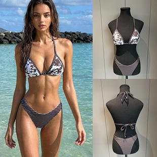 2026新款 欧美印花性感比基尼跨境分体泳衣沙滩游泳衣女士挂脖泳装