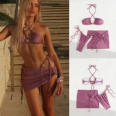 2025欧美新款 三件套比基尼女纯色性感分体泳衣沙滩游泳衣度假泳装