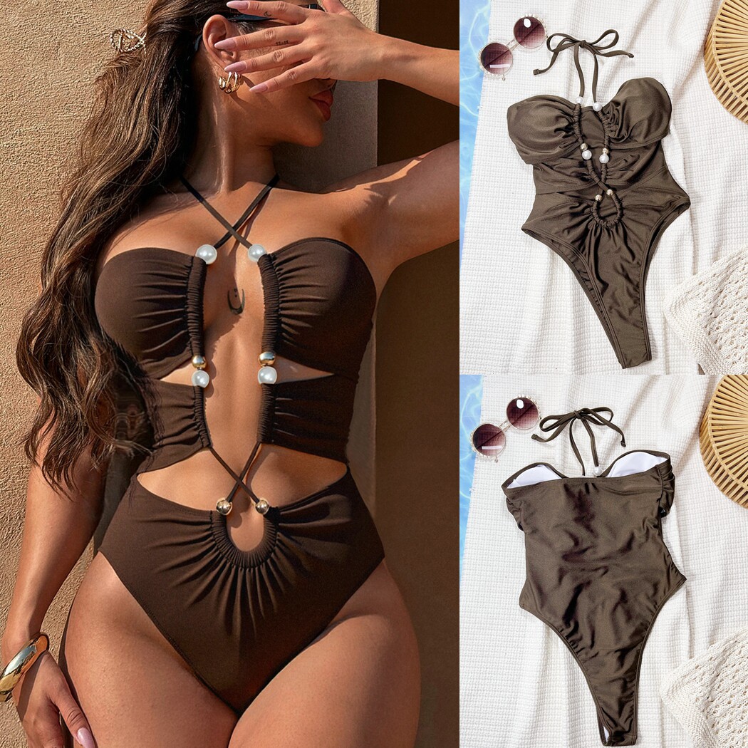 新款性感连体泳衣女士露背镂空三角泳装简约一体式泳装沙滩游泳衣