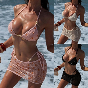 2026新款 复古三件套比基尼女度假网纱亮片分体泳衣沙滩游泳衣 美式