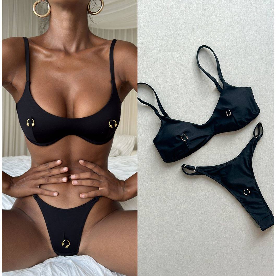 2025新款欧美纯色性感比基尼跨境分体泳衣度假泳装女士沙滩游泳衣