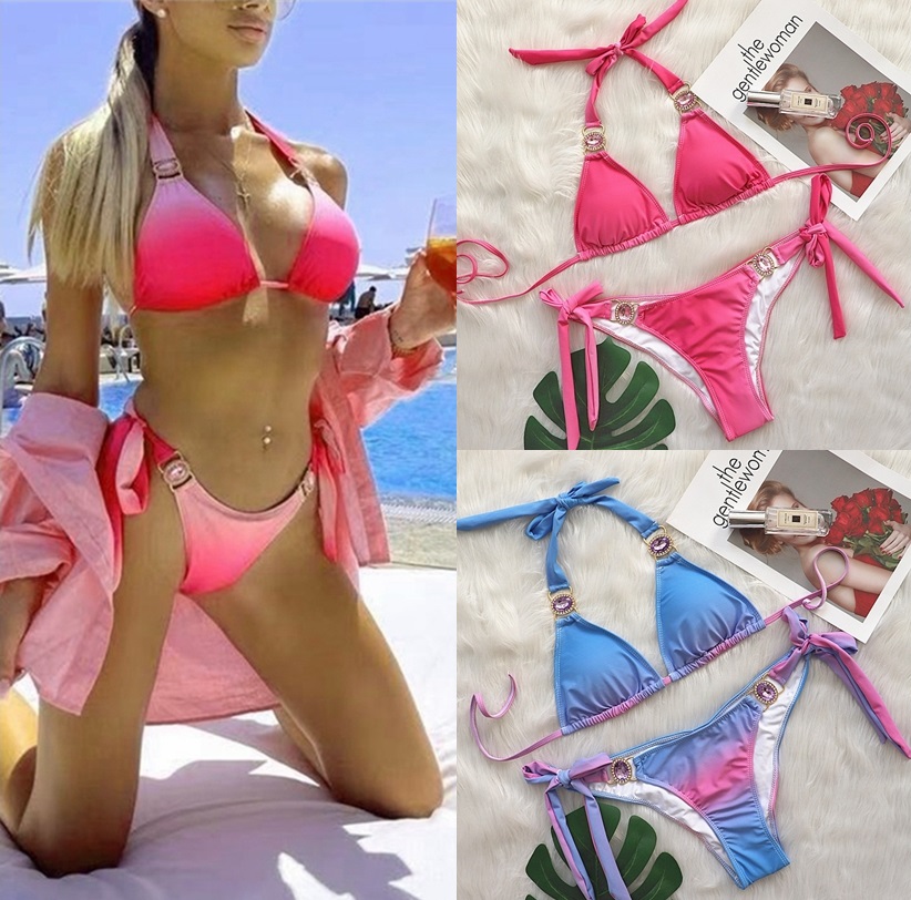 欧美新款比基尼性感渐变印花绑带分体泳衣豪华水晶钻石度假泳装女