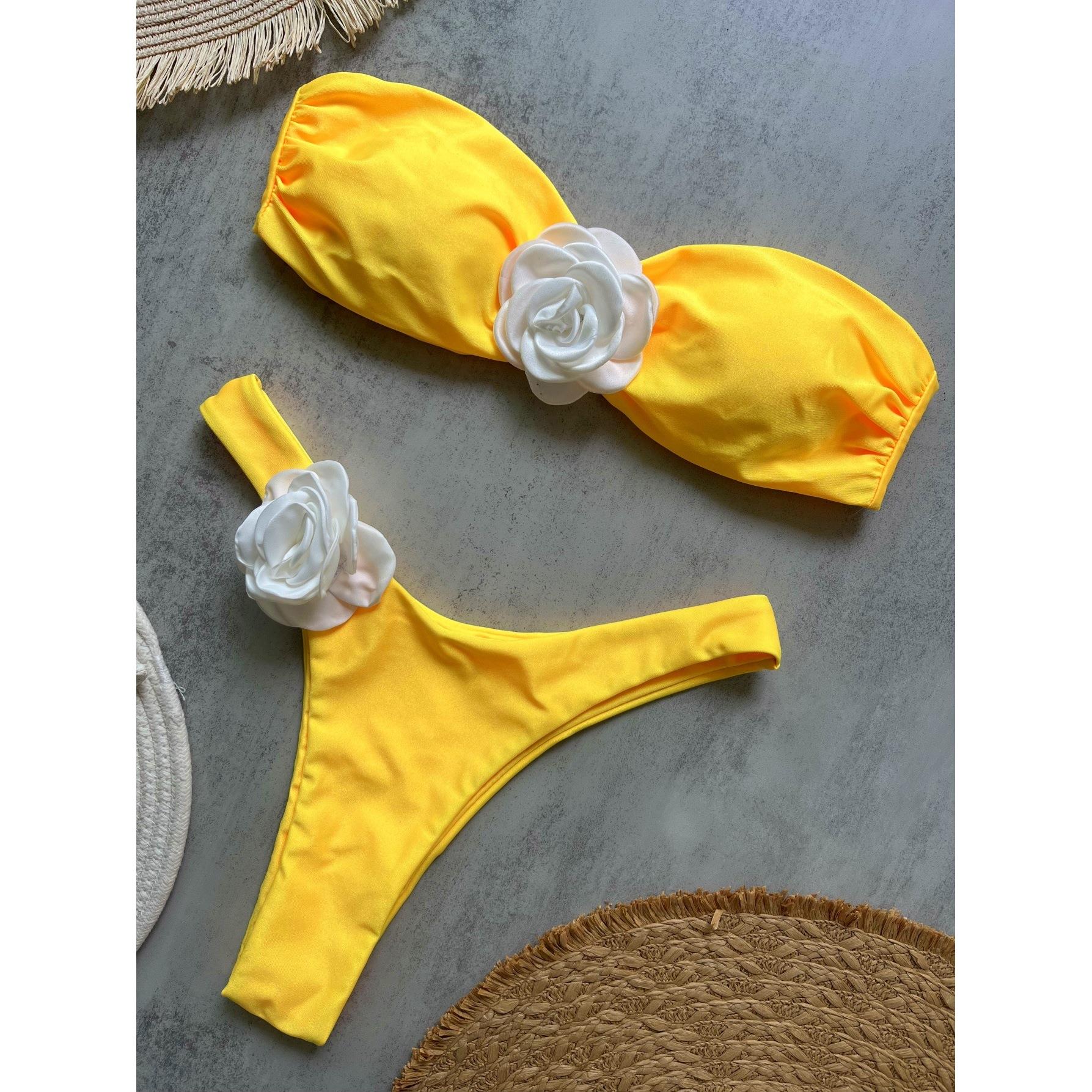 女士比基尼游泳衣立体花露背性感