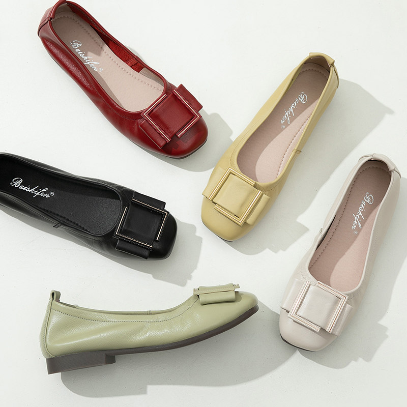 浅口单鞋女平底鞋温柔真皮豆豆鞋软底软面春夏女鞋配裙子软皮鞋子