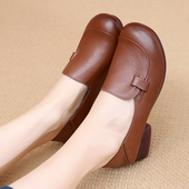 女鞋 中年女士妈妈鞋 子 牛筋底软皮单鞋 大码 宽头皮鞋 真皮软底春秋鞋