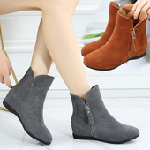 加绒大码 平底磨砂真皮内增高小短靴坡跟女鞋 女靴子 秋冬季 2025新款