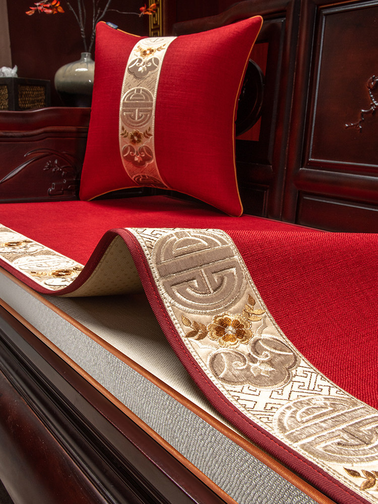 新中式实木沙发垫子红木沙发坐垫红色喜庆结婚罗汉床盖布四季通用