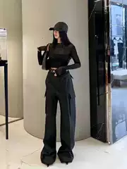 YSL Runway Style Women's Casual Pants, Black, Safari Straight Wide Leg Cargo Pants, Loose Fit with Multiple Pockets