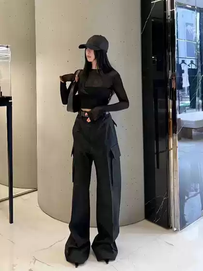 YSL Runway Style Women's Casual Pants, Black, Safari Straight Wide Leg Cargo Pants, Loose Fit with Multiple Pockets