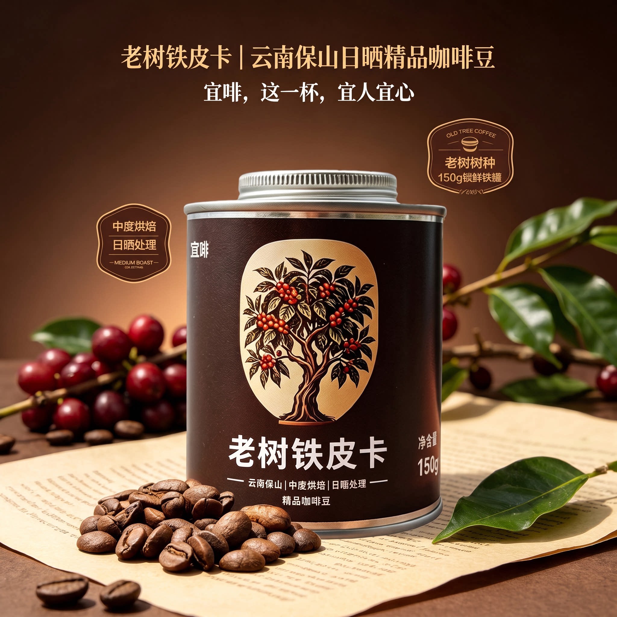 宜啡咖啡云南保山老树铁皮卡精品咖啡豆中度烘焙150g精品铁灌装