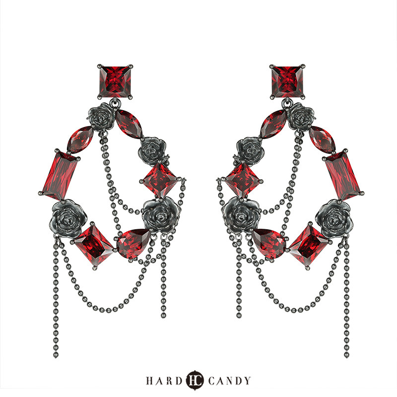 张靓颖同款硬糖首饰红色宝石黑色玫瑰花大耳环女方圆脸银流苏复古